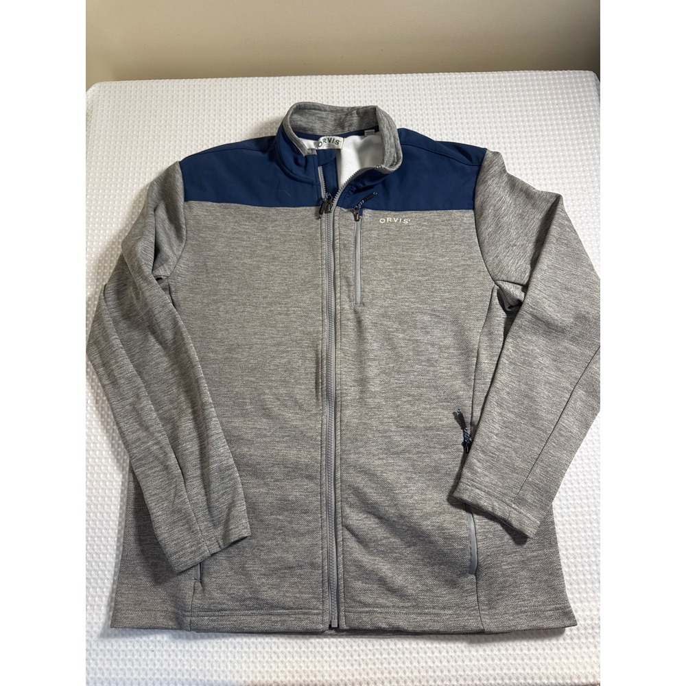 Orvis Jacket Mens Large Full Zip Fleece Gray Navy Blue EUC